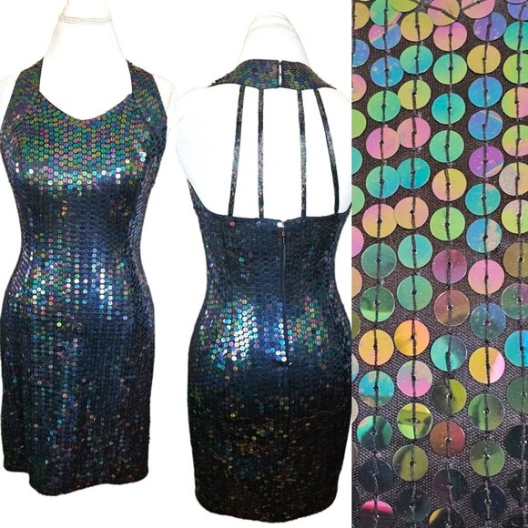 Vintage Dresses & Skirts - Vintage 90s Womens Sz 8 Mermaid Sequins‎ Sparkle Cocktail Dress Bodycon Sexy